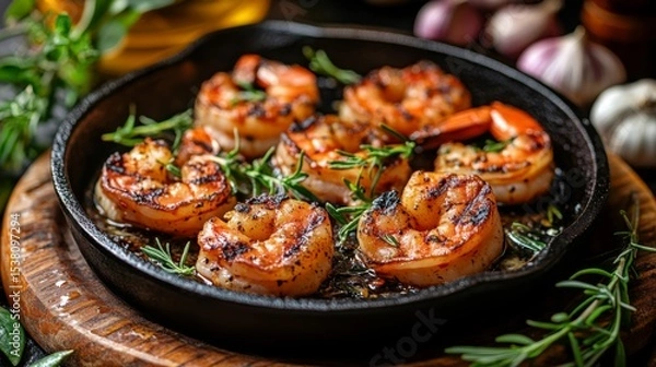 Fototapeta A captivating image of grilled shrimp sizzling in a cast-iron skillet, with fresh garlic and herbs, creating an enticing and aromatic culinary experience.