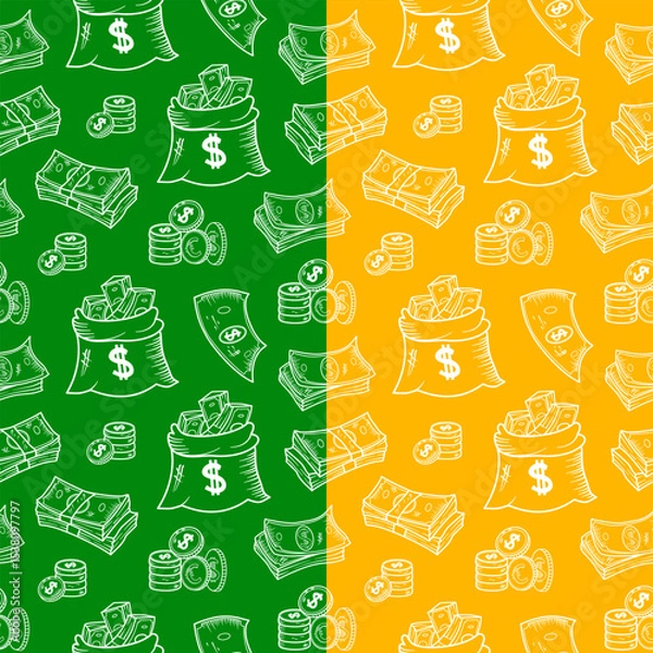 Fototapeta US dollar pattern background. Seamless pattern of the symbols of dollar currency background. Dollar sign pattern background. Dollar Doodle seamless pattern background. 