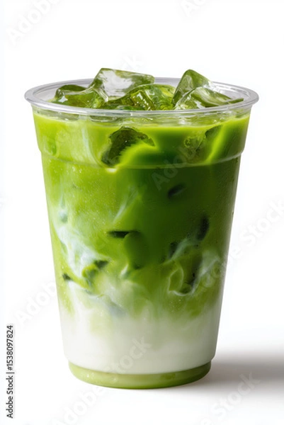 Fototapeta Refreshing Iced Matcha Latte with Milk in a Clear Plastic Cup on White Background