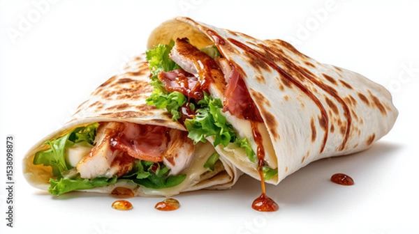 Fototapeta Close-Up of Fresh Grilled Chicken Wrap with Lettuce, Bacon, and Flatbread on White Background