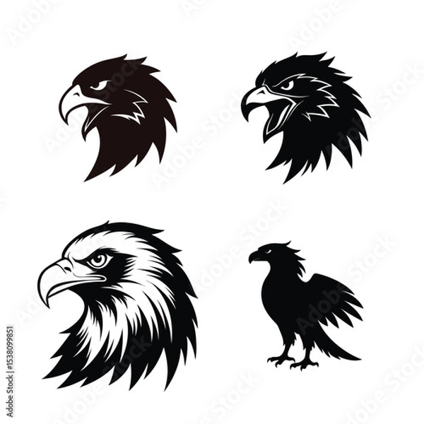 Fototapeta Aggressive and Hunting Eagle Head Silhouette Set on White Background
