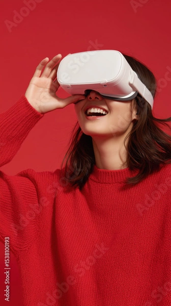 Fototapeta Happy Young Woman Using VR Headset and Experiencing Virtual Reality Against Colorful Background