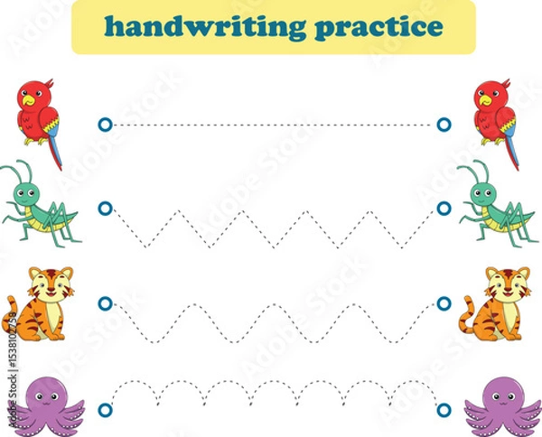 Fototapeta Handwriting Practice. Tracing lines for kids with animals. Vector Illustration