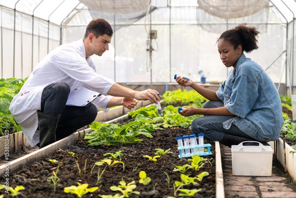 Obraz Researchers collected experimental results from vegetable plots in a temperature-controlled greenhouse, with children as research assistants.