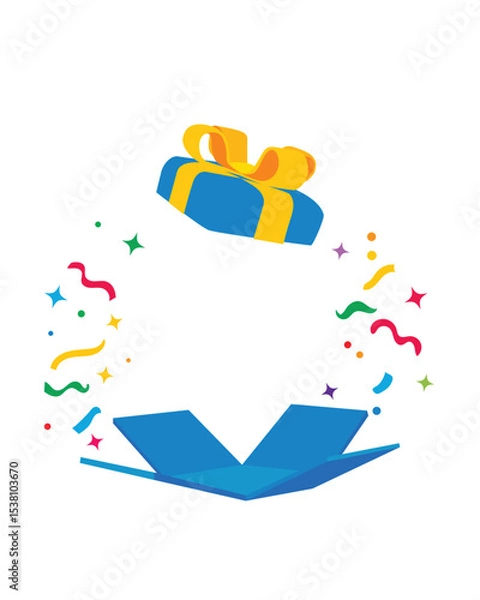 Fototapeta Vector illustration of an exploding gift box with vibrant confetti and ribbon. Ideal for party designs, giveaways, celebration templates, or holiday event promotions. Clean, modern, and editable art.