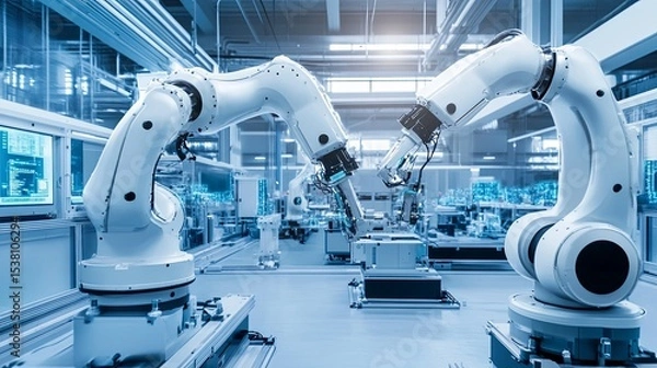 Fototapeta Advanced robotic arms in a smart manufacturing factory assembling high-tech machinery in a clean blue-toned environment showcasing futuristic industrial automation technology.