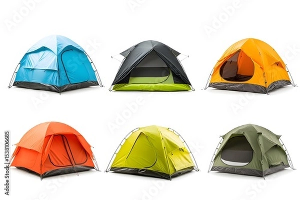 Fototapeta Six colorful dome tents arranged on a white background showcasing camping equipment and outdoor shelter options