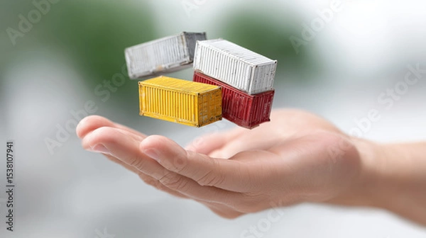 Fototapeta Miniature Shipping Containers Floating Above Open Hand Representing Logistics Concept
