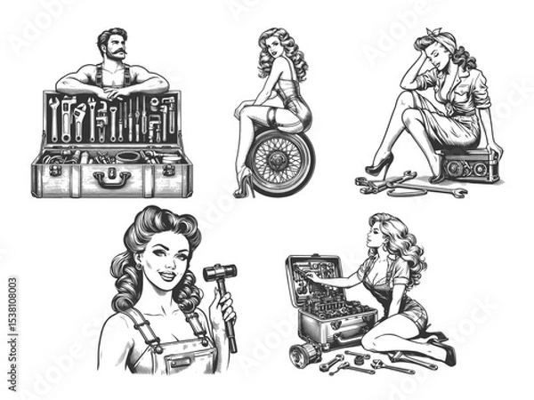 Fototapeta pin-up men and women with toolboxes and car parts, classic automotive repair themes Set collection bundle sketch engraving generative ai vector illustration. Scratch board imitation. Black and white.
