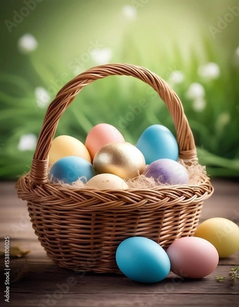 Fototapeta Decorative wicker basket of multicolored Easter eggs on wooden table and green grass background, vertical image.