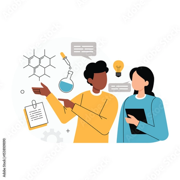 Fototapeta Science Collaboration and Experiment Discussion. Vector illustration showing two students engaged in a science discussion