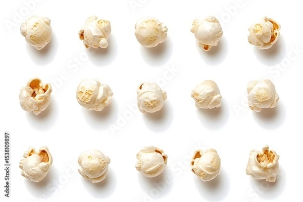 Fototapeta Fifteen pieces of popcorn arranged in a grid pattern on a plain white surface, studio shot close up view