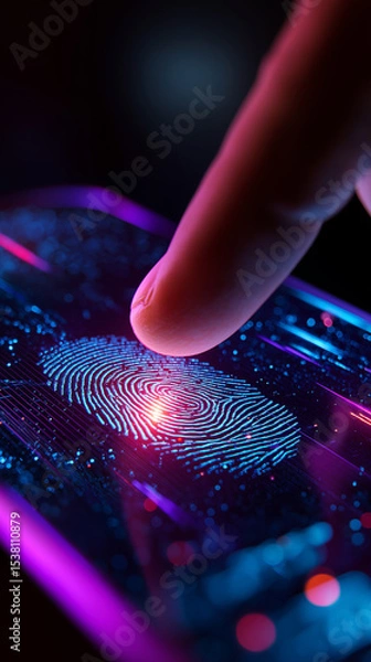 Fototapeta Glowing Fingerprint Scanner on Smartphone with Cyberpunk Security Interface and Data Stream