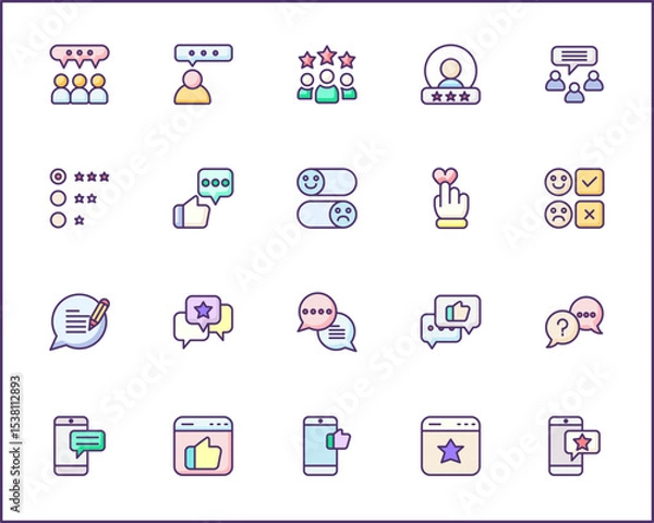 Fototapeta Review And feedback Icon Set. Vector collection of customer, rating, star rating, chat, testimonials, survey, support, communication, sign and element symbols or logo element.