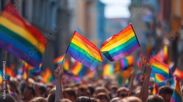 Obraz Crowd celebrates diversity at vibrant gay pride event with rainbow flags waving enthusiastically in the air