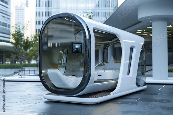 Fototapeta Futuristic autonomous pod vehicle in urban setting for modern transportation