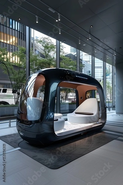 Fototapeta Futuristic autonomous pod vehicle in urban setting for modern transportation