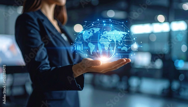 Fototapeta Global Connection at Your Fingertips: A poised professional lady elegantly cradles a vibrant digital globe. The image, exuding a sense of technological mastery and forward-thinking.