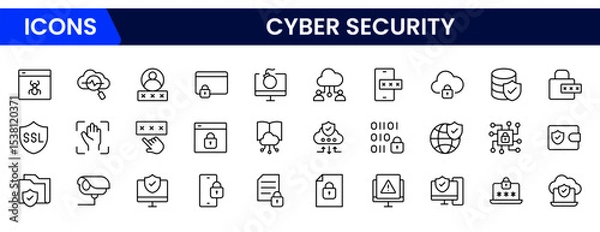 Fototapeta Robust vector web line icons depicting cybersecurity, firewalls, encryption, protection, and secure digital systems for safeguarding online environments.