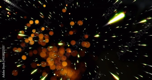 Obraz Glowing cluster of orange light orbs and green light streaks radiating in dark void, abstraction