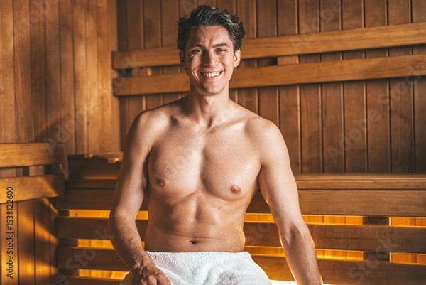Fototapeta Young handsome man smiling at camera relaxing at the spa resort