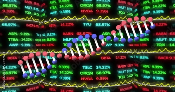 Obraz Displaying stylized DNA helix model floating on data screen, with stock tickers and line graphs