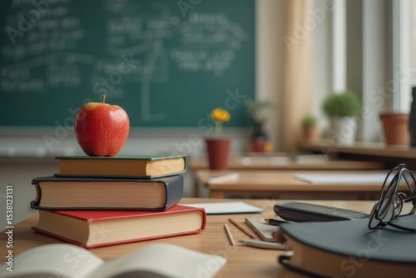 Obraz Apple, books, schoolbag and stationery on desk in classroom. Back to school concept