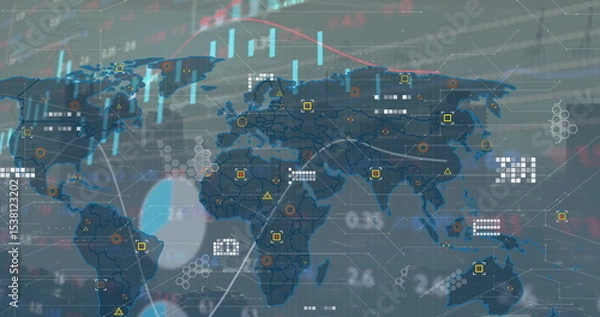 Fototapeta Displaying world map with node links, candlesticks, trend lines and numeric overlays on dashboard