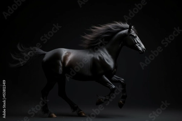 Obraz Black stallions with long mane run on dark background