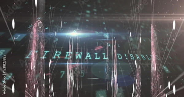 Fototapeta Displaying glowing text FIREWALL DISABLED hovering within cyberspace, pillars, numeric digits