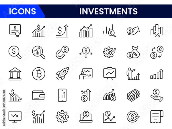Fototapeta Sleek vector web line icons depicting investments, stocks, portfolios, growth, financial planning, and wealth-building strategies for economic success.