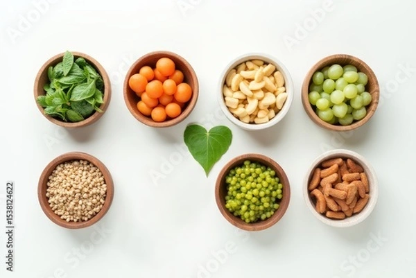 Obraz Organic  healthy  food  in  wooden  bowls,medical  stethoscope  and green  heart  shape  on  white  background  for  the  health  concept.Top  view