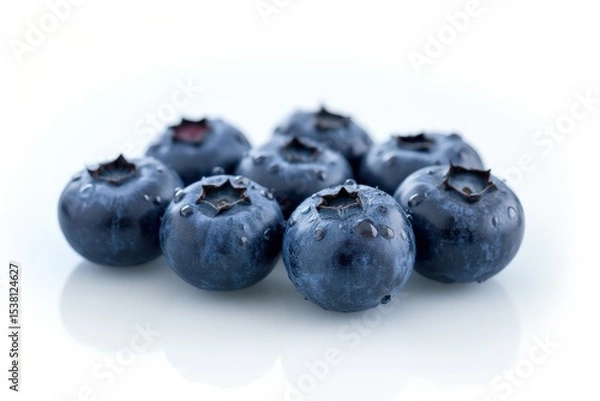 Obraz Set of eight ripe blueberries covered with water drops on white background. File contains clipping paths.