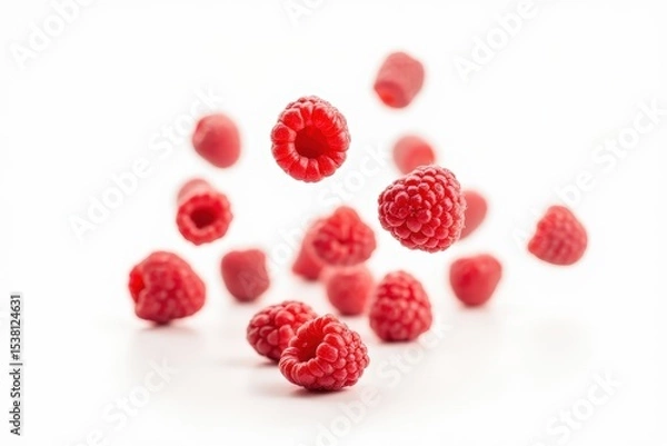 Obraz High-Quality Flying raspberries isolated on white background. Sweet ripe fresh delicious raspberry, summer berry, organic food, vitamins â€“ High Resolution