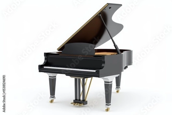 Obraz A grand piano with a black and silver finish sits on a white background. The piano is open and ready to be played. Concept of elegance and sophistication, as the piano is a classic