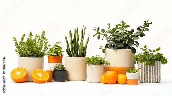 Fototapeta Assortment of potted plants with oranges on a white background creates a vibrant and fresh scene