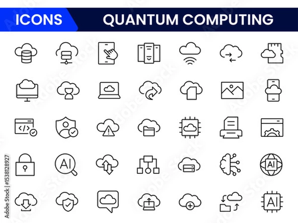 Fototapeta Futuristic vector web line icons depicting quantum computing, qubits, algorithms, processing power, and innovative tech for advanced computational solutions.