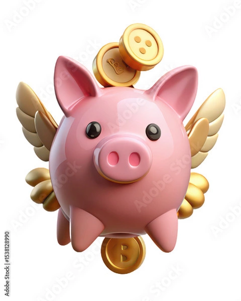 Fototapeta A rosypink piggy bank with golden wings soars, carrying golden coins, isolated on transparent background