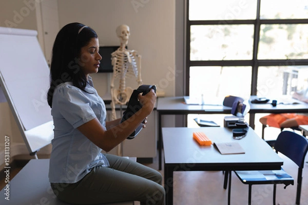 Fototapeta Healthcare trainee inspecting VR headset at bench with skeleton and books by windows
