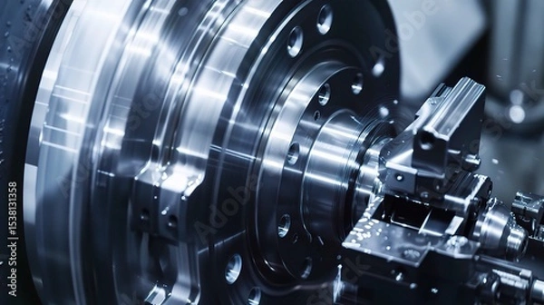 Fototapeta Close-up of machined part turning on a lathe, showcasing a metal component precision-cut by a carbide tool with chips flying and coolant spraying