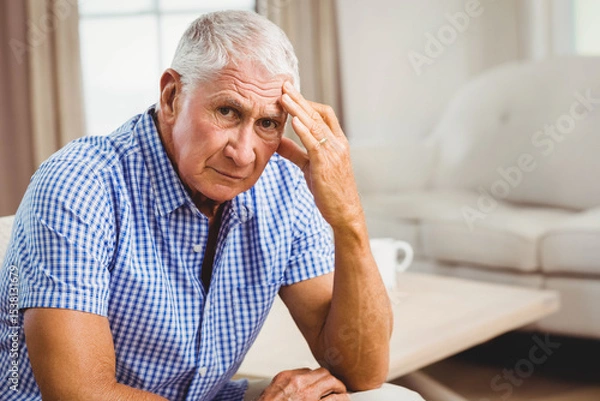 Fototapeta Senior man sitting on sofa with mug on coffee table, touching temple and looking concerned