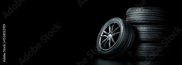 Fototapeta Black background with a black car wheel and tire, with chrome rims on the rim.