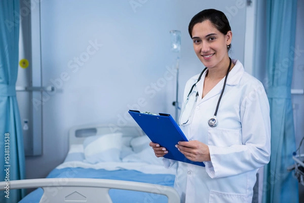 Obraz Smiling Indian doctor holding clipboard, wearing stethoscope at bedside with IV pole, copy space