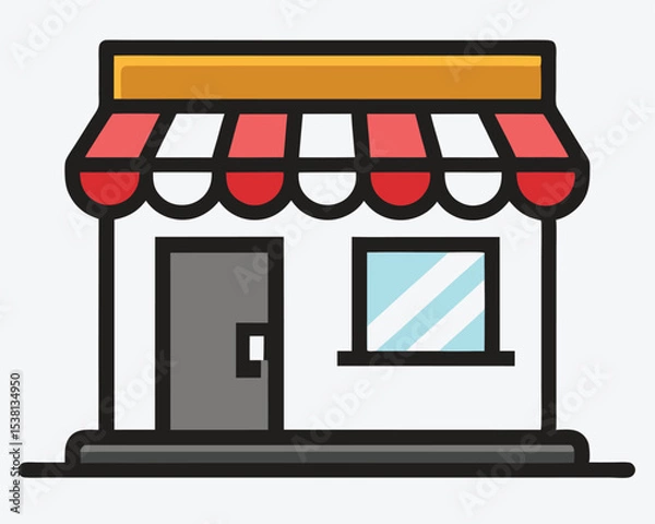 Fototapeta Simple Storefront Illustration with Red and White Awning and Gray Door