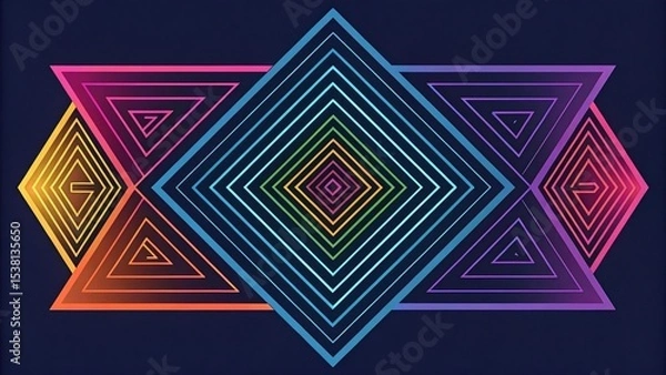 Fototapeta Colorful abstract geometric pattern with concentric circles, triangles, and squares on dark background. Retro pop art style, ideal for posters, backgrounds, and digital design.