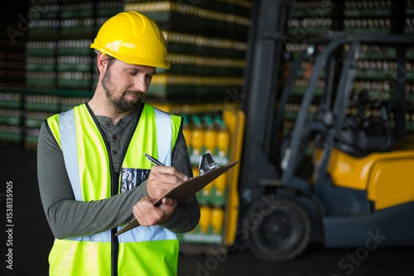 Obraz Man wearing safety vest, hardhat writing on clipboard with pen by forklift in warehouse, copy space