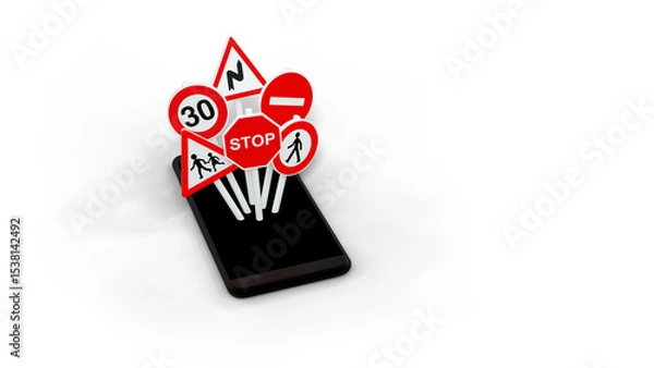 Fototapeta des panneaux routiers sortent de l'écran d'un smartphone, concept de code de la route en ligne - rendu 3D sur fond transparent