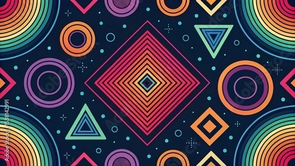 Fototapeta Colorful abstract geometric pattern with concentric circles, triangles, and diamonds on dark background. Retro futuristic style, ideal for digital design, backgrounds, and posters.