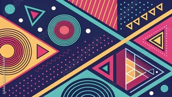 Fototapeta Colorful abstract geometric pattern with concentric circles, triangles, and squares on dark background. Retro pop art style, ideal for posters, backgrounds, and digital design.