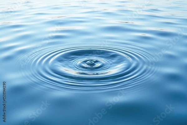 Fototapeta A single water drop creates concentric ripples on a calm, blue water surface. The image conveys peace and tranquility through its simplicity and symmetry